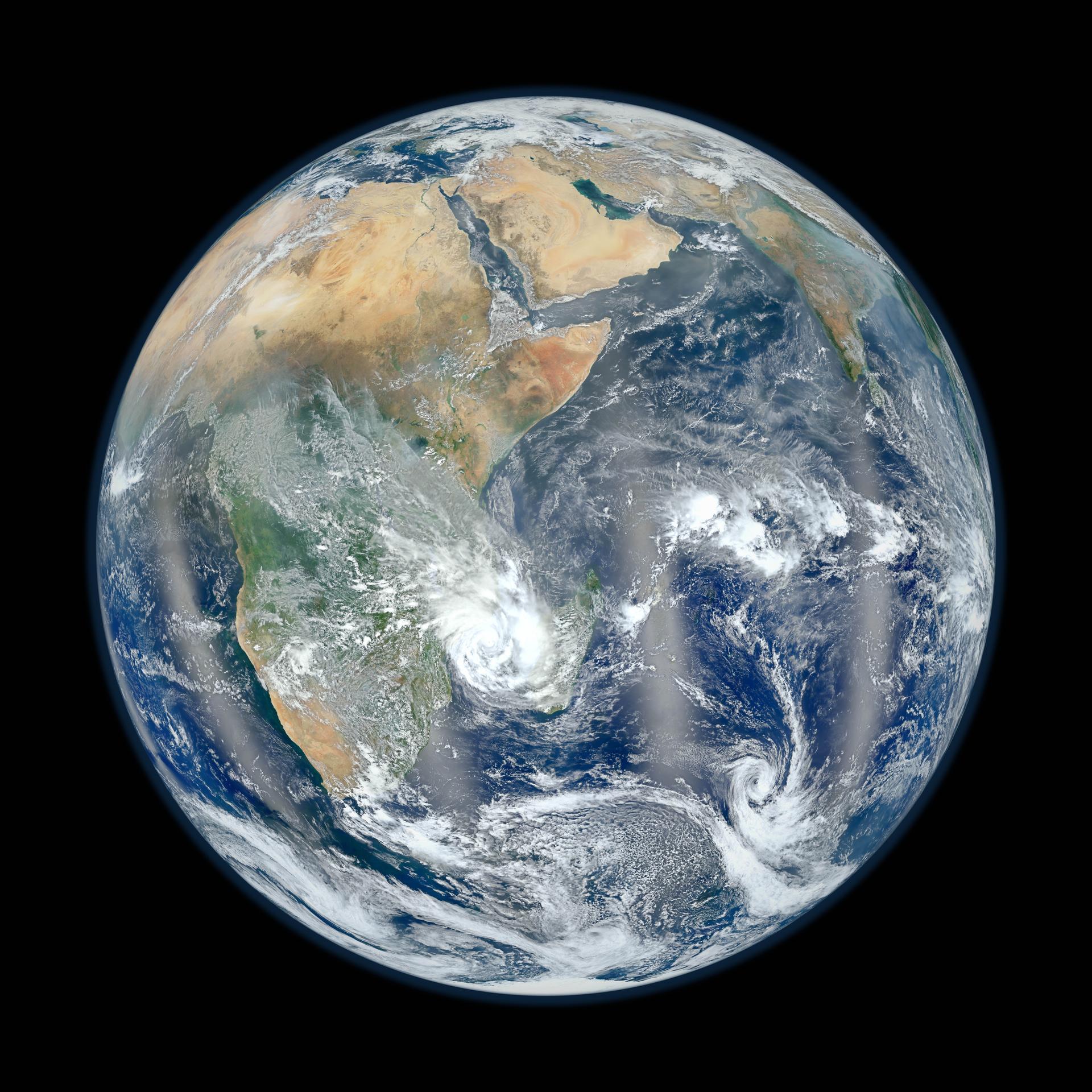 Blue Marble image (2012), created using VIIRS data from the Suomi NPP satellite. We use data from the same satellite family for regional and environmental analytics. Source: NASA/NOAA